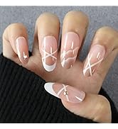 FURUBETA Press on Nails Medium Almond French Fake Nails Full Cover Pink Acrylic Nails for Women a...