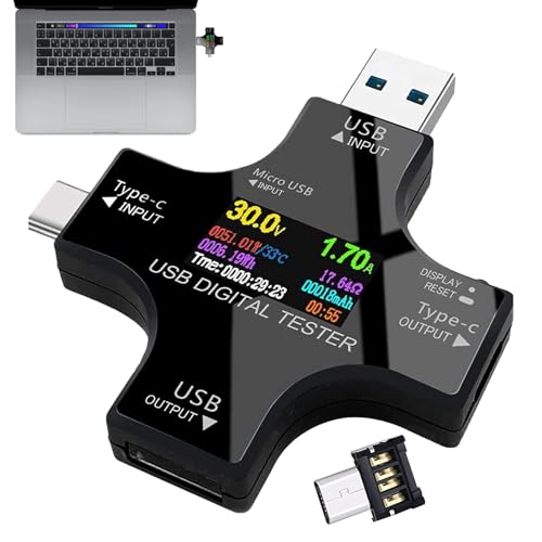 USB Tester USB C Tester Power Meter 2 in 1 3.6-32V 0-5.1A Current Testers Meter Voltmeter Voltage Capacity Testers Battery Capacity Ammeter Data Line Mobile Power Charger Detector (Black)