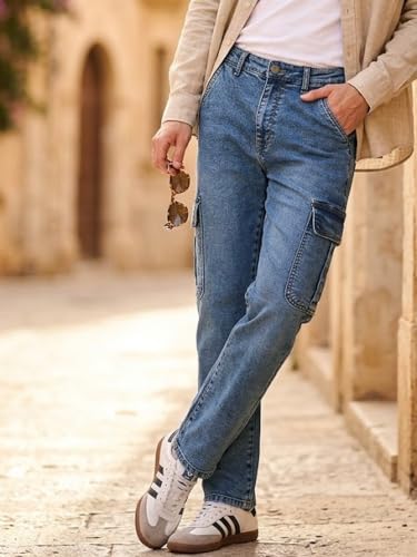 Image of Urbano Fashion Men's Regular Fit Washed Cargo Jeans with 6 Pockets Stretchable