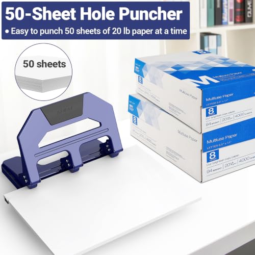 Image of AFMAT Heavy Duty 3 Hole Puncher, 50-Sheet Paper Punch Heavy Duty, 50% Reduced Effort Three Hole Punch, 10K+ Uses, Metal Hole Puncher 3 Ring w /Large Tray, Bulit-in S.S. Paper Guide HPX4(Blue)
