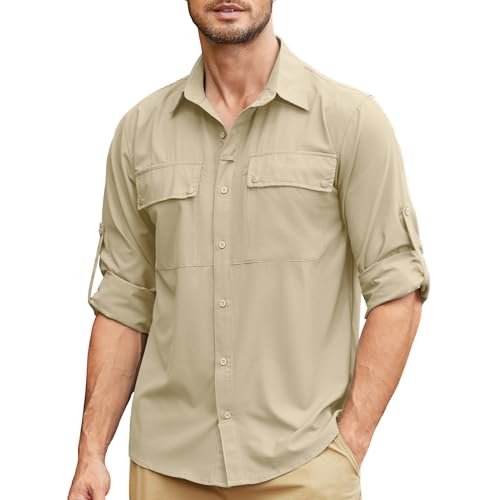 Mens Long Sleeve Sun Protection Shirt UPF 50 UV Quick Dry Cooling Outdoor Fishing Hiking Travel Safari Shirts 5060khaki-XL