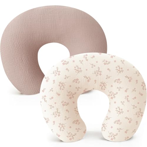Image of Konssy 2-Pack Muslin Nursing Pillow Covers, Soft & Adorable Nursing Covers for Breastfeeding Pillows, Slipcovers for Newborn Boys & Girls(Soft Blooms,Taupe)