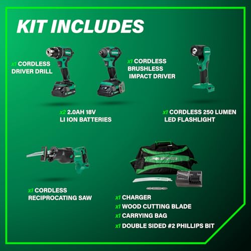 Metabo HPT 18V MultiVolt™ Cordless Driver Drill, Impact Driver, Reciprocating Saw, and Torchlight 4-Pc Combo Kit | Includes 2-18V 2.0Ah Batteries | Lifetime Tool Warranty | KC18DEX4 thumbnail 7
