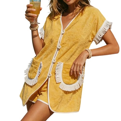 Foidiccx Womens 2 Piece Terry Cloth Fringe Trim Sets With Pockets Y2k Short Sleeve Button Up V Neck Loose Fit Top Elastic Waist Shorts Two Piece Fringed Detail Lounge Matching Outfits (Yellow L)