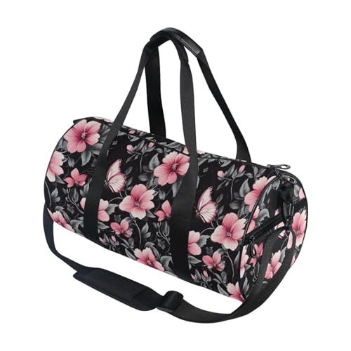 Pink Flower Butterfly Sports Duffel Bag Stylish Barrel Gym Bag with Spacious Main Compartment Side Pockets Adjustable Shoulder Strap for Sports, Outdoor Training and Short Trips