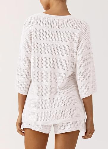 PRETTYGARDEN Women's Summer 2 Piece Cover up Knit Swimsuit Short Sleeve Tops Shorts Sets Bathing Suit Beach Outfits2