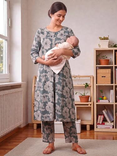 Image of RITIJYA Pure Cotton Feeding Kurta Pant Set for Women | Floral Anarkali Pregnancy Dress with Concealed Nursing Zipper Side Pocket | Pre & Post Partum | Maternity Dresses | Baby Shower Outfit