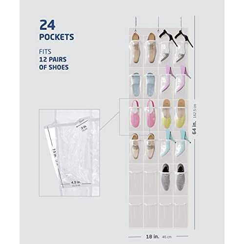 Zober Over The Door Shoe Organizer - 24 Breathable Pockets, Hanging Shoe Holder For Maximizing Shoe Storage, Accessories, Toiletries, Laundry Items. 64In X 18In (White, Clear) #TOP7