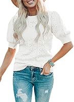 Saodimallsu Womens Cute Short Puff Sleeve Sweaters Loose Crew Neck Lightweight Pointelle Knit Pullover Shirts Tops