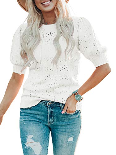 Saodimallsu Damen Pullover Laterne Kurzarm Tops Casual Rundhals Kleidung Niedlich Punkt Regular Fit Strickshirts Weiß Groß