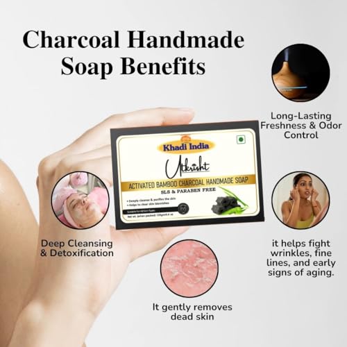Image of Khadi Charcoal Handmade Bathing Soap Bar 125g (Pack of 2) | Natural & Herbal | Deep Cleansing for Glowing & Brightening Skin | For Wrinkles & Fine lines | All Skin Types | For Men & Women