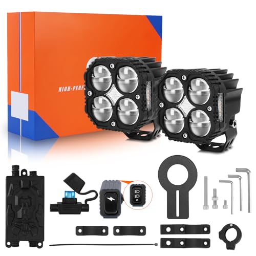 Listado de Auxiliares los 10 mejores. 42 WODHMIEY Faros auxiliares para moto 60W faros doble color impermeables para motocicleta estrobos direccionales IP67 luces auxiliares estroboscópicas para moto