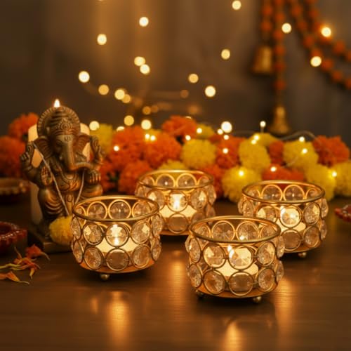 Image of Easyera Beautiful Lotus Tealight Holder Candle Stand Metal Home Decoration Festival Occasions Diwali (Not Include Glass Candle) Golden Pack (Pack of 24 (Golden) Crystal Candle Holder Tealight)