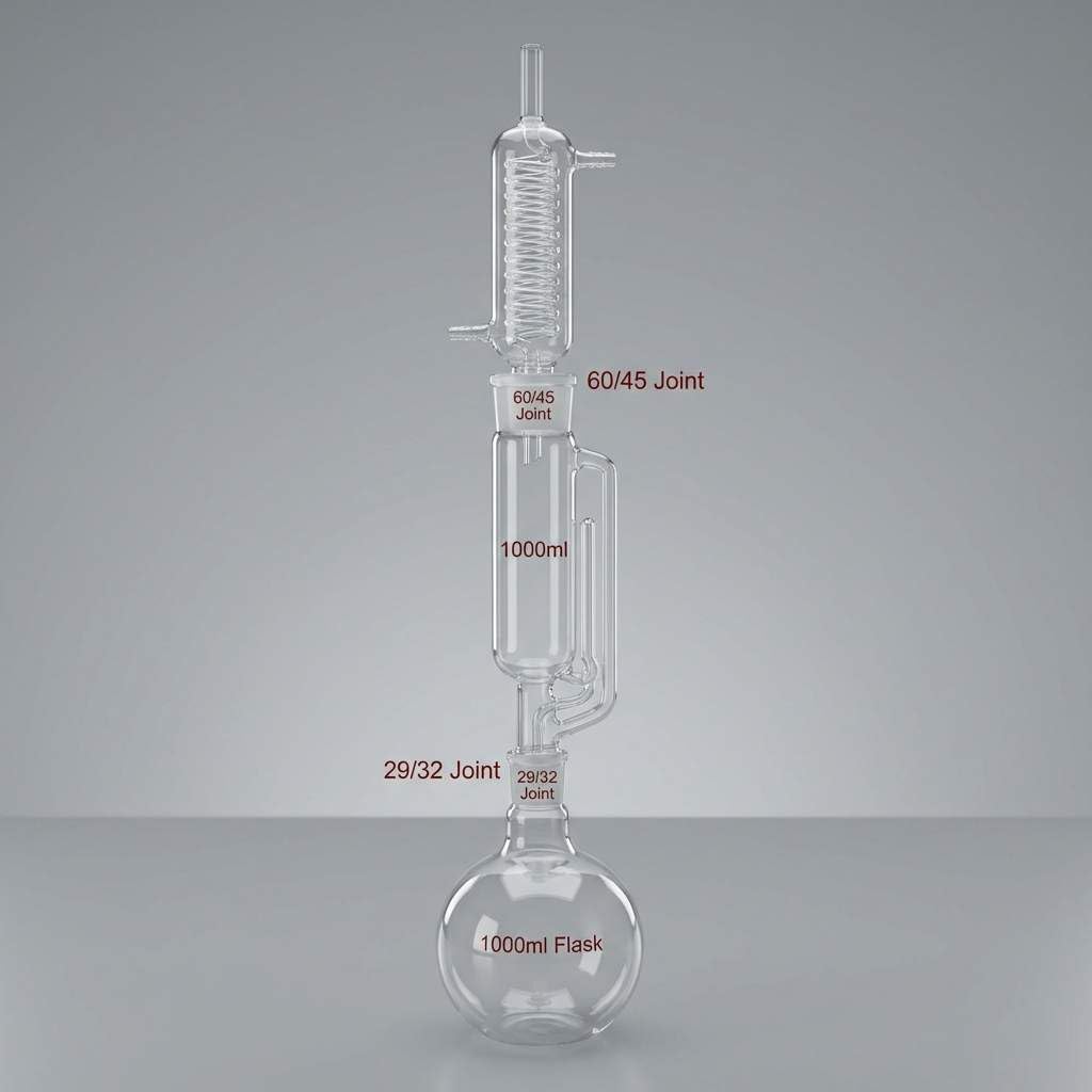 QWORK Kit extractor Soxhlet de 1000 ml con botella de extracción de vidrio de borosilicato alto, tubo de extracción y condensador, junta 29/32 para matraz, junta 60/45 para condensador y tubo de