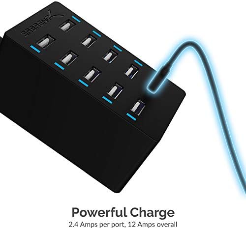 Sabrent 60 Watt (12 Amp) 10-Port Family-Sized Desktop USB Rapid Charger. Smart USB Ports with Auto Detect Technology [Black] (AX-TPCS)