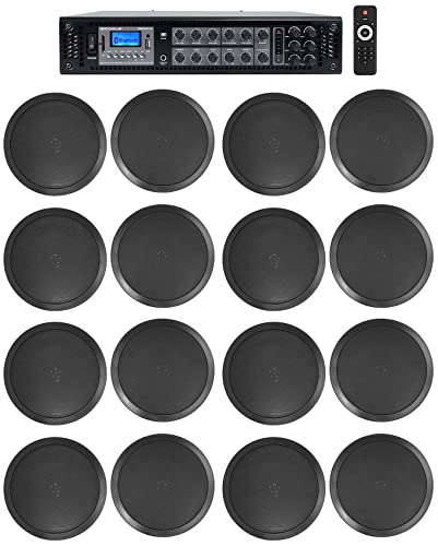Image of Rockville RCS350-6 6-Zone 70v Restaurant Amp with 16 CC80T Black Speakers