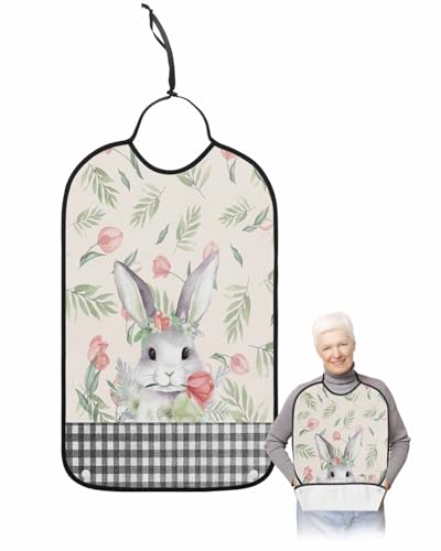 LEOKOTI Easter Bunny Adult Bibs for Eating, Waterproof Bibs with Food Catcher & Snap Closure, Spring Floral Pink Tulip Botanical Black Plaid Washable Clothing Protectors Adult Bibs for Elderly