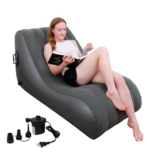 TC LAMROBAM Tumbona hinchable, silla de aire portátil, en forma de S, con bomba de aire para interiores, sala de estar, dormitorio, cama inflable plegable al aire libre, patio, jardín, playa (gris)