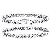 Hisatan Initial Bracelets for Men, 2 Pcs A-Z Letter Bracelet Silver Mens Bracelet with Initial, Stainless Steel Stylish Non Tarnish Cuban Link Bracelet for Men Jewelry Gifts, 9