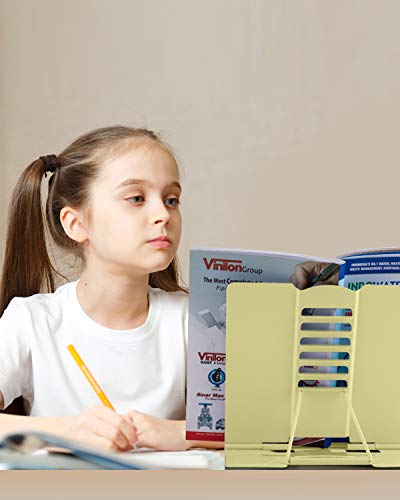 MSDADA Desk Book Stand Metal Reading Rest Book Holder Adjustable Cookbook Documents Holder Portable Sturdy Bookstands for Recipes Textbooks Tablet Music Books with Page Clips (Light Yellow) - Thumbnail 6