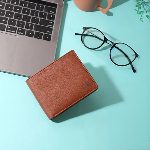 Image of VEMILIO Vegan Leather Wallet for Men with ID Window, Coin Pocket, Zipper Pocket & Multiple Card Slots | Bi-Fold Gents Purse with Currency Compartments | Slim Stylish Men's Wallet (Tan)