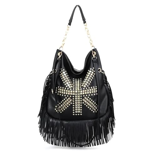 Sac à bandoulière à rivets pour femmes, pochette cloutée chic et grand sac messager à pompon