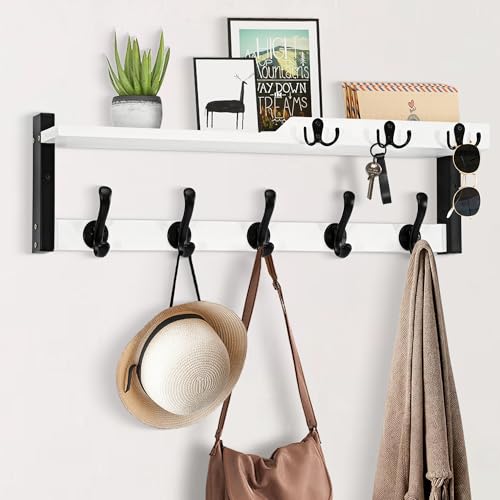 dreampossible 4 in 1 Coat Rack Wall Mount with Shelf, Coat Hooks 25.2" Entryway Coat Hanger with Key Hooks and Mail Holder, Wall Hooks with Shelf, Hat Rack for Wall Key Holder Mail Organizer