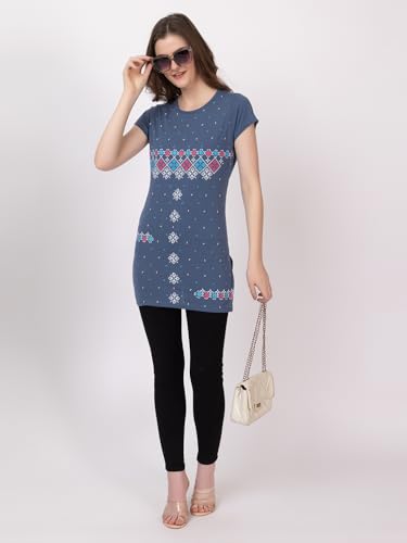 Image of Women Printed Cotton Tshirt with Side Slits & Pocket