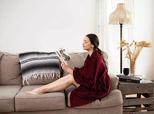 Chic Home Elke Wrap Snuggle Robe Cozy Super Soft Ultra Plush Faux Fur Fleece Wearable Blanket with 2 Pockets and Decorative Pom Poms50 x 60, 50 x 60, Burgundy