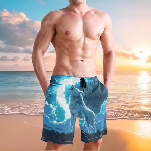 Men's Novelty Beach Shorts Wolf Blue Sky Wolves Swim Trunks Quick Dry Swimtrunks Mesh Lining Bathing Suit2