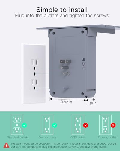 Image of Wall Outlet Extender with Shelf, Surge Protector 6 AC Multi Plug Outlet | 3 USB Charger Station Splitter Expander for Bathroom Home, Gray