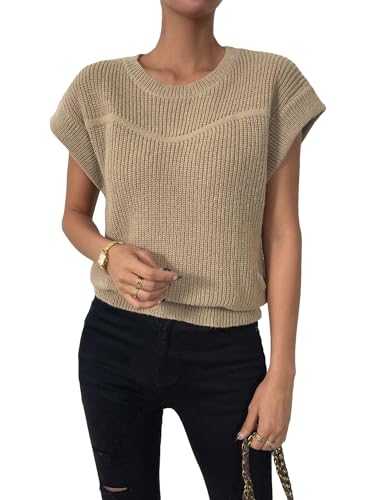 SweatyRocks Women's Casual Cap Sleeve Vest Sweater Round Neck Solid Knit Tank Tops