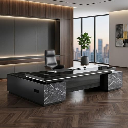 SHYJSGHZ Modern L Shaped Executive Office Desk, Corner Computer Workstation with Drawers, Solid Wood Business Furniture with Privacy Panel for Corporate & Home(Black+Right,2m/78in)