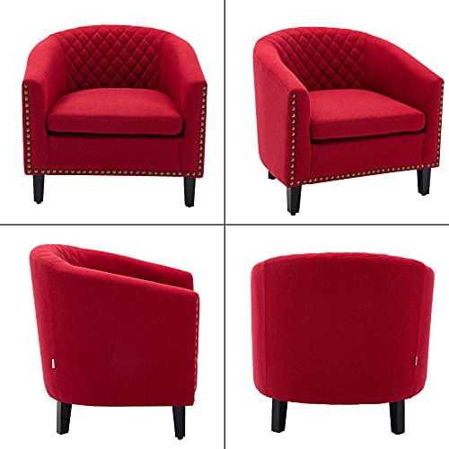 Ssline Armchair Barrel Club Chair,Modern Line Fabric Accent Chair Arm Club Chair W/Nailheads And Solid Wood Legs,Tub Barrel Style Lounge Chair For Living Room Bedroom Reception Room (Red) #TOP6