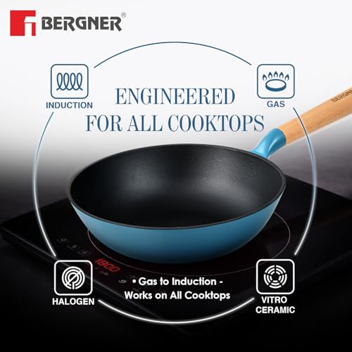 Image of BERGNER Excalibur Lightweight Cast Iron Wok 24cm (2L), Sturdy Wooden Handle, Non-Stick Coating, PFAS Free, Perfect Heat Distribution, Elegant Design - Induction and Gas Stove Ready (Blue)