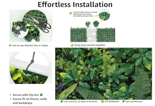 Artificial Boxwood Panel 20"x20" 6 Pieces, Green Grass Wall Backdrop for Fence Patio Backrop Balcony, Faux Ivy Privacy Fence Screen, 5 PCS Vines, 60 PCS Violet Flower, 2 PCS Light Strip