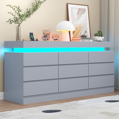 Gyfimoie 9 Drawer Dresser with Power Outlet, Dresser with LED