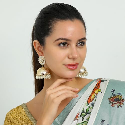 Ethnic Indian Gold-Toned Pearl and Kundan Stone Jhumka Earrings for Women4