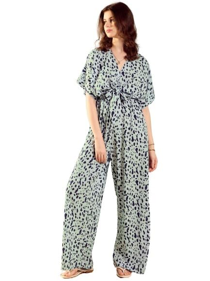 KASSUALLYjumpsuits for women Blue Animal print V-Neck Front Knotting Jumpsuit