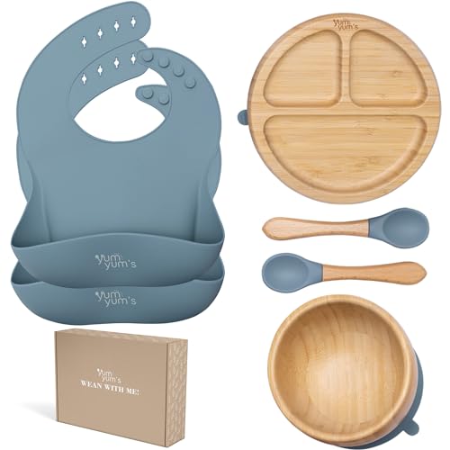 Baby Bamboo weaning Set Presented by Yum Yums - Bamboo Plate and Bowl Set - Suction Bowl and Plate - Baby Feeding Set - Spoon Set for BLW - 2 Baby weaning Bibs - (Iceberg Blue)