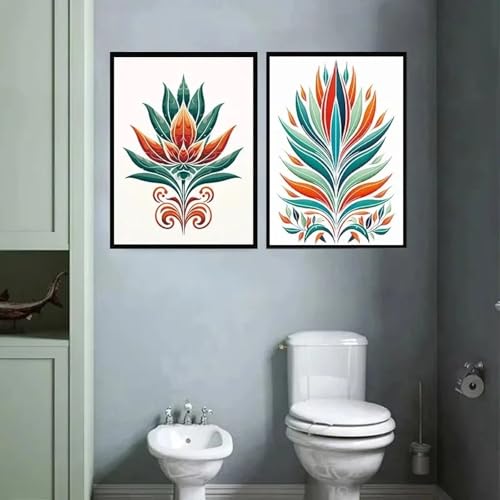 Tableau fleurs rouges et feuilles vertes décoration murale sur toile 30x50 cm avec cadre x2