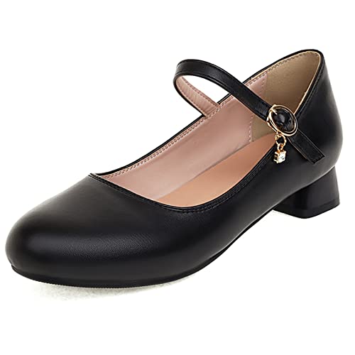 MJIASIAWA Damen Runde Zehen Mary Jane Schuhe Knöchelriemchen Comfy Niedrige Absatz Pumps Damen Buro Arbeit Runde Zehen Blockabsatz Schuhe Schwarz Gr 45 EU/47 Asiatisch Cover