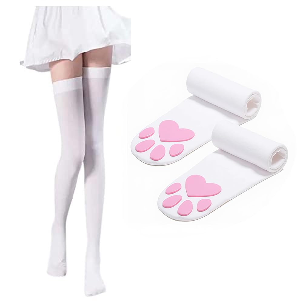 Lynkaye Pink Cat Paw Pad Thigh High Socks For Women Girls, 3D Silicone Rubber Cat Paw for Cosplay, Cute Kitten Claw Stockings Sleeves, White