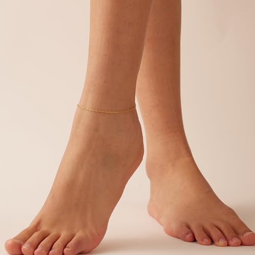Image of NONAMOIS Ankle Bracelets for Women Dainty 18K Gold Plated Anklet Waterproof Round Beaded Paperclip Herringbone Pearl Chain Anklets Waterproof Beach Foot Jewelry