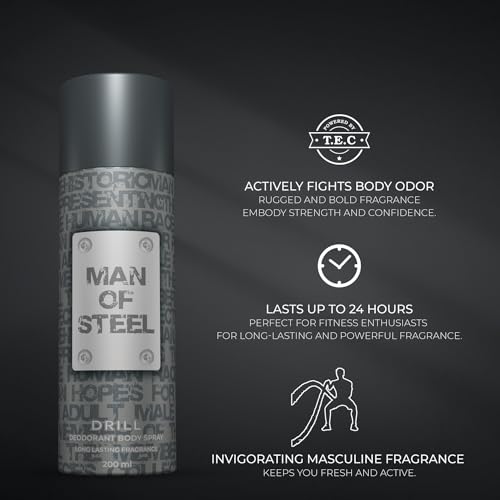 Image of Denver MAN OF STEEL Drill Deodorant Body Spray - 200ML Each, Pack of 3 | Deodorant For Men