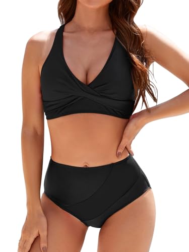 Adigaber Damen Zweiteiliger Badeanzug V Ausschnitt überkreuztes Colorblocked Bademode Hohe Taille Bauchkontrolle Bikini ...