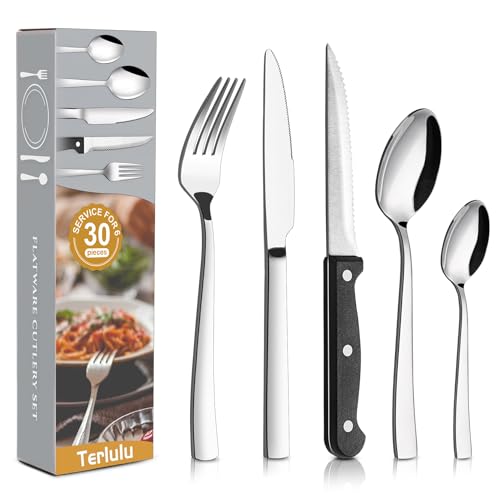 Terlulu 30 Piece Cutlery Sets with 6 Piece Steak Knives, Stainless Steel 30-Piece Silver Cutlery Flatware Set, Dinnerware Fork Knife Spoon Set Service for 6, Mirror Finished & Dishwasher Safe