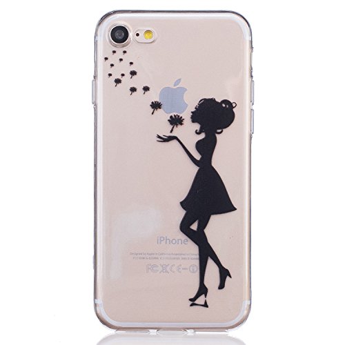 3Cworld Case for iPhone 8 Case, 7 Case, Ultra Thin Clear Art Pattern Crystal Gel TPU Rubber Flexible Slim Skin Soft Case for iPhone 7 / iPhone 8 (Dandelion/Girl - Black)