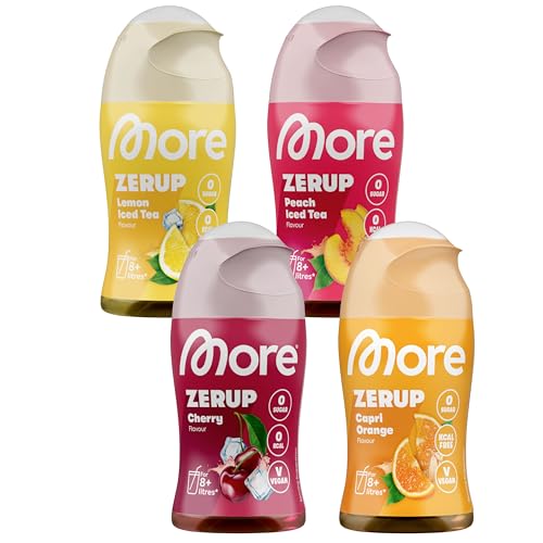 MORE Zerup, mixed 4er Bundle, 4 x 65 ml, für bis zu 32 l Fertiggetränk, zuckerfreier Sirup mit u.a. echten Fruchtextrakten, vegan, zero Kalorien - made in Germany (Sorten können variieren)