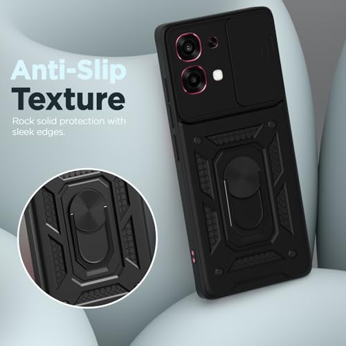 Image of Pikkme Back Cover for Oppo F31 5G / Oppo F33 5G | 360 Protection Case | Sliding Camera Shield Cover & Ring Holder Stand D10 Tough Armor Bumper Case (Black)